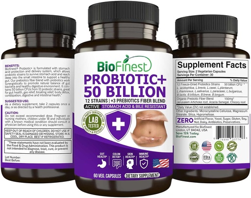 [BRSROATYCR6QE233] BioFines Probiotic 50亿 CPU 酶补充剂 - 12 Probiotics Strains with 3 Natural Prebiotics - Gut Digestion Detox Gas Bloating Contipation - Acidophilus for Men Women (60 Veg. caps) 配药 配药 配药 配药