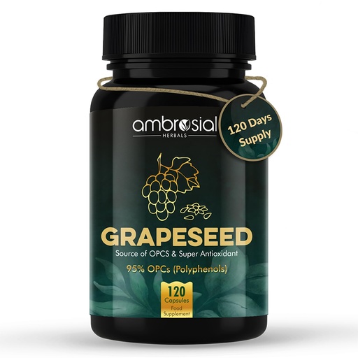 [BRSROHATOQIB4E37] Ambrosial Grape Seed Extract Capsules | 95% OPCs Polyphenols | High Strength Grape Seed Supplement | Strong Antioxidant | Pack of 1-120 Vegan Capsules
