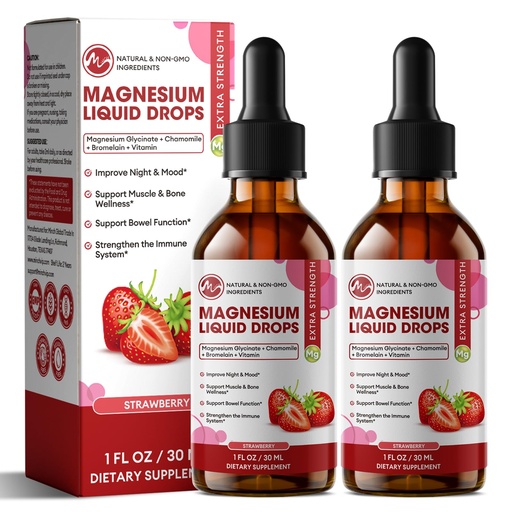 [BRSRAYI5CENQ4ALZ] M inch Magnesium Glycinate Liquid, High Absorption Magnesium Liquid Drops with Chamomile, Hawthorn, Ginger Extract & Vitamin B6, B9, B12, C, D3, Magnesium Supplement, Strawberry Flavor, 2 Pack