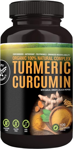 [BRSRAHQYOEPRMDLU] 100% Raw and Organic Turmeric Curcumin Capsules. Certified Organic, Gluten-Free, Non-GMO, and Caffeine-Free. Enhanced with Garlic, Ginger and Black Pepper, 500mg, 120 Vegan Capsules