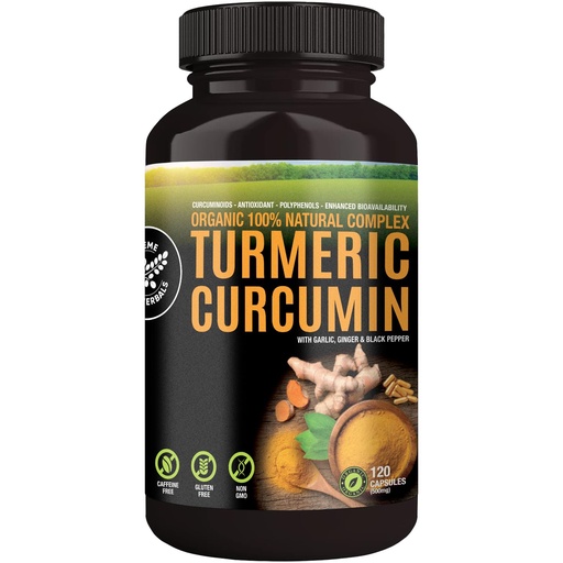 [BRSRAHQYOEPRMDLU] SUPREME HERBALS, 100% Raw and Organic Turmeric Curcumin Capsules. Certified Organic, Gluten-Free, Non-GMO, and Caffeine-Free. Enhanced with Garlic, Ginger and Black Pepper, 500mg, 120 Vegan Capsules