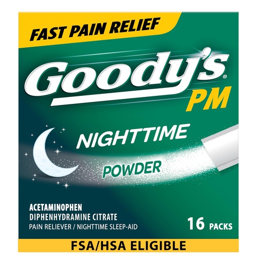 [BRSWIEYHB56GE3QV] Goody's Nighttime Powder, Pain Reliever & Sleep Aid with Acetaminophen & Diphenhydramine Citrate, Caffeine Free, 16 Count