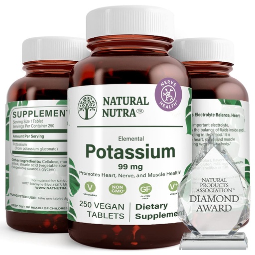 [BRSWKFIMB4HRK3Y7] Natural Nutra Elemental Potassium Gluconate 99 mg Dietary Supplement – Promotes Energy, Helps Boost Nervous System, Promotes Heart Health, Mineral Regulation, Muscle Function - 250 Vegan Tablets