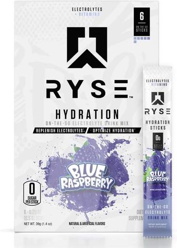 [BRSROBTYOYBR6CDF] Ryse Core Hydration | On The Go Electrolyte Drink Mix Packets | with All 6 Electrolytes + Essential Vitamins | Zero Sugar | 6 Servings (Blue Raspberry)