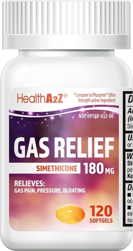 [BRSW2FQ3BUPGGYL2] HealthA2Z® Gas Relief Simethicone | 180 MG | Relieves from Stomach Discomfort and Gas | Anti Flatulence | Relieves Gas Fast (120 Count (Pack of 1))