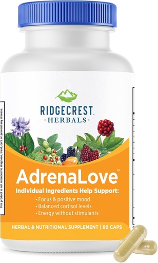 [BRSWIYYNBFYRAHIV] Ridgecrest Herbals AdrenaLove, Stress and Energy Support Supplement with Ashwagandha, L-Theanine, Ginseng, Schisandra, Taurine, Holy Basil, Adaptogens, B Vitamins (60 Vegan Caps, 30 Serv)