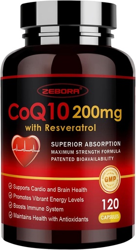 [BRSRAYANBMMGM2T5] ZEBORA CoQ10-200mg with Trans-Resveratrol, PQQ & Vitamin E - High Absorption Coenzyme-Q10 with BioPerine - Powerful Antioxidant for Heart & Energy-Production,120 Veggie Capsules