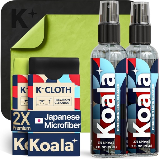 [BRSWGGL5CF5WK2TA] Koala Eyeglass Lens Cleaner Spray Kit | (2x) Glasses Cleaner Bottle + (2x) Microfiber Cloth | Alcohol Free Eyeglasses, Screen, and Camera Cleaning Kit | Made in USA (4 Piece Set)