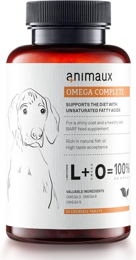 [BRSWYFA5BNYWCCDZ] анимо - Omega Complete для таблеток рыбьего жира для собак, Omega 3,6 и 9 жирных кислот для поддержания жизнеспособности, костная структура, добавка барфа, масло лосося для кожи и шерсти, 50 жевательных таблеток, 100 дней поставки