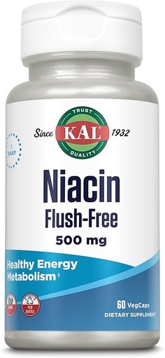 [BRSWIYQTPMIWO33Y] KAL Niacin 500mg Flush Free - Vitamin B3 Supplement - Metabolism and Energy Support - Skin, Nerve, Digestive Health and Circulation Support - Vegan Vitamin, 60-Day Guarantee, 60 Servings, 60 VegCaps
