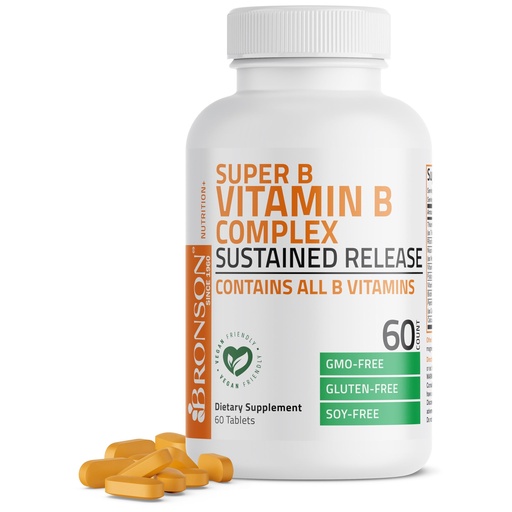[BRSROBT4DJ5AYEQ7] Bronson Super B Vitamin B Complex Sustained Slow Release (Vitamin B1, B2, B3, B6, B9 - Folic Acid, B12) Contains All B Vitamins 60 Tablets