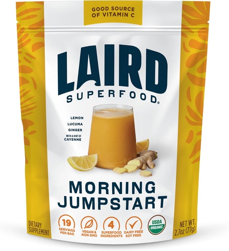 [BRSWGHQBBN4BSHI7] Laird Superfood Morning Jumpstart Powder Drink Supplement, Lemon, Lucuma, Ginger and Cayenne Cleanse, Organic, 2.7 Oz Bag, Pack of 1