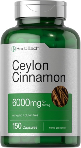[BRSWGGAHAUJRYAYU] Horbäach Ceylon Cinnamon Capsules | 6000 mg | 150 Count | Non-GMO & Gluten Free Supplement
