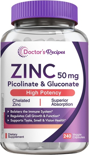 [BRSRAHQHCENRQEQY] Doctor's Recipes Zinc 50mg, Highly Absorbable Zinc Picolinate & Gluconate, Supports Natural Immune Defense, DNA & Protein Formation, Cell Growth, Non-GMO, 240 Veggie Capsules