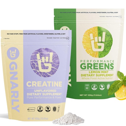 [BRSRAAIYDJYGA3I3] Gnarly Nutrition Creatine Powder, Unflavored (16.05oz) and Gnarly Performance Greens Lemon Mint (11.64 oz)