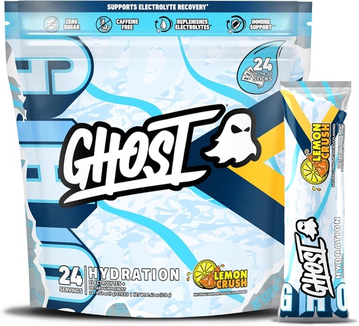 [BRSROAQKOYFBGCDV] GHOST Hydration Packets, Lemon Crush, 24 Sticks, Electrolyte Powder - Drink Mix Supplement with Magnesium, Potassium, Calcium, Vitamin C - Vegan Friendly, Free of Soy, Sugar & Gluten