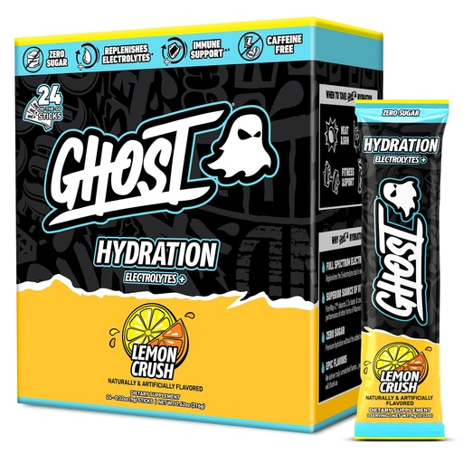 [BRSROAQKOYFBGCDV] GHOST Hydration Sticks, Electrolyte Powder Packets, Lemon Crush - 24 Sugar Free Instant Electrolyte Drink Mix - Caffeine-Free Daily Hydration & Immune Support with Clean Formula