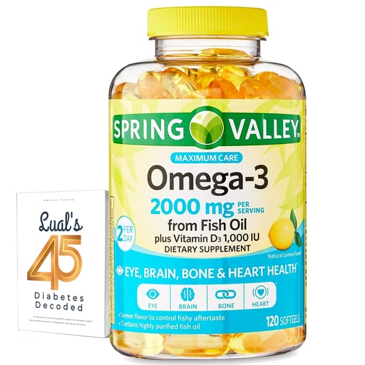 [BRSROEA6CAIQ4AIY] Spring Valley Omega-3 from Fish Oil 2000 mg for Eye Brain Bone & Heart Health Dietary Supplement Softgels, 120 Count, Bundle with Luall's 45 Diabetes Decoded