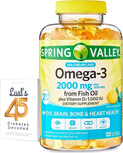 [BRSROEA6CAIQ4AIY] Spring Valley Omega-3 from Fish Oil 2000 mg for Eye Brain Bone & Heart Health Dietary Supplement Softgels, 120 Count, Bundle with Luall's 45 Diabetes Decoded