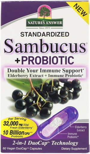 [BRSWGHTRBYMA4CL6] Nature's Answer Sambucus + Probiotic | New 2-in-1 Double Your Immune Support | 32,000mg Standardized Fresh Elderberry Duo Cap with 10 Billion CFU Probiotic | Gluten-Free, Non-GMO | 60 Vegan Capsules