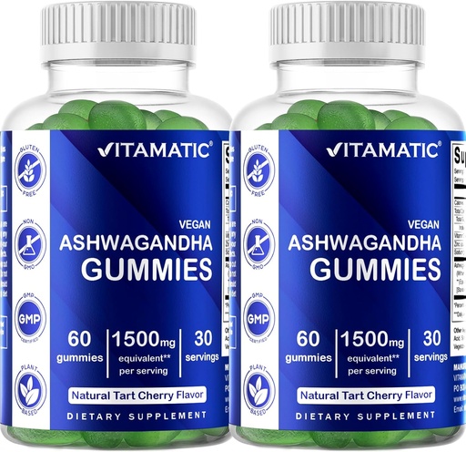 [BRSW2232AF4AEFLX] Vitamatic 2 Pack Ashwagandha Gummies 1500 mg Equivalent Per Serving (from 30:1 Extract 50 mg) - 60 Vegan Gummies - 3% Withanolides