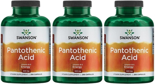 [BRSWGFD3BZ6RQCT3] Ácido Pantoténico de Swanson (Vitamina B-5) Função de Nervo de Metabolismo Energético Suporte 500 mg 250 Cápsulas (3 Embalagem)