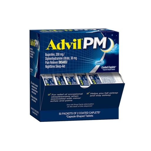 [BRSWIYYIOJ4RG23M] Advil PM Pain Reliever and Nighttime Sleep Aid, Pain Medicine with Ibuprofen for Pain Relief and Diphenhydramine Citrate for a Sleep Aid - 50x2 Coated Caplets