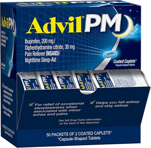 [BRSWIYYIOJ4RG23M] Advil PM Pain Reliever and Nighttime Sleep Aid, Pain Medicine with Ibuprofen for Pain Relief and Diphenhydramine Cittrate for a Sleep Aid - 50x2 Coated Caplets