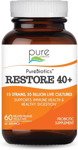 [BRSWIBIDCQOWM3TI] PURE ESSENCE LABS PureBiotics Restore 40+ probiootikumid - toetab immuunsüsteemi ja seedetrakti tervist - piima- ja gluteenivaba - 15 tüve (35 miljardit CTU) Täiskasvanud looduslikud probiootikumid (60 kapslit)
