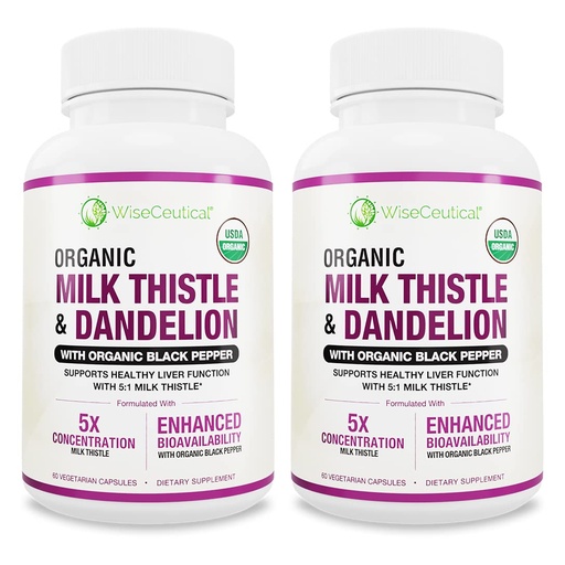 [BRSRMCA3DMNG2E37] Max Absorption USDA Organic Milk Thistle Potent 5:1 Concentrated Extract (2000mg Strength) & Organic Dandelion Root | Silymarin Antioxidant Flavonoid | Liver Support Supplement (60 Count (Pack of 2))