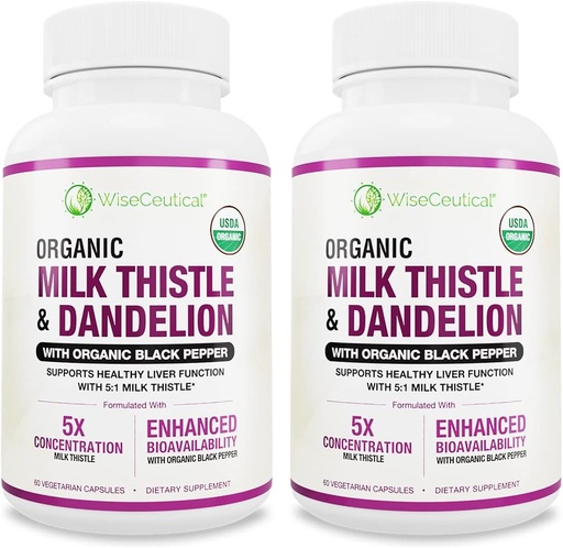 [BRSRMCA3DMNG2E37] Max Absorption USDA Organic Milk Thistle Potent 5:1 Concentrated Extract (2000mg Strength) & Organic Dandelion Root | Silymarin Antioxidant Flavonoid | Liver Support Supplement (60 Count (Pack of 2))
