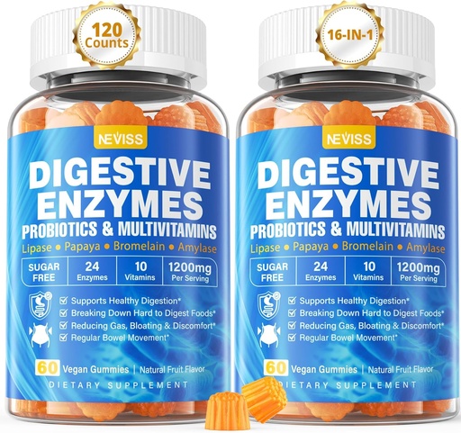 [BRSROAT6CEMR63IU] Digestive Enzymes with Probiotic Gummies, Multivitamins, Calcium, Magnesium - All 24 Essential Chewable Multi Enzymes - Papaya, Lipase, Amylase, Bromelain - Breaking Down Carbs, Proteins, Fats, 2Packs
