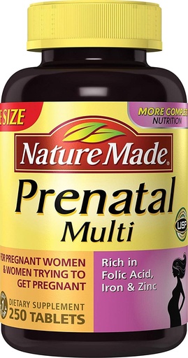 [BRSWIBQNAUARC3L6] Nature Made Prenatal Multi, 250 Tablets, Folic Acid + 17 Prenatal Vitamins & Minerals to Support Baby Development and Mom, Vitamin D3, Calcium, Iron, Iodine, Vitamin C, and More