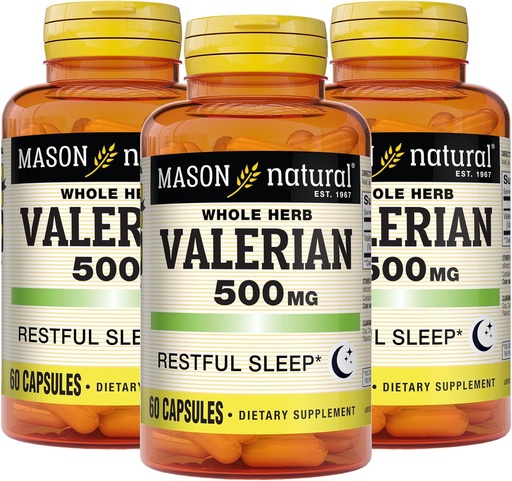 [BRSW2FAQBYNQGFL5] MASON NATURAL Root Valerian 500 mg, 6 luni de aprovizionare, natural de dormit de ajutor, promovează somn sănătos și odihnitor, supliment vegetal, 3 ambalaj
