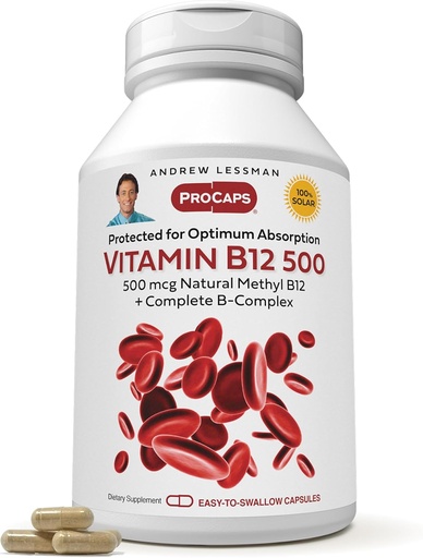[BRSWKHY5A4CQMG34] ANDREW LESSMAN Vitaminas B12 500 720 Kapsulės - Absorpcija - Saugomas metilkobalaminas (natūralus kofermentas Vitaminas B12), Esminis energetikos ir streso palaikymo, Plus B- kompleksas, Lengva nuryti kapsulės
