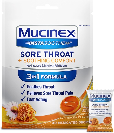 [BRSW2ZQROV6QYDTL] Mucinex Instasoothe Sore Throat Relief Drops, Sore Throat Lozenges, Sore Throat Medicine med Hexylresorcinol, Cough Drops Alternative, Honey & Echinacea Flavor, 40 ct