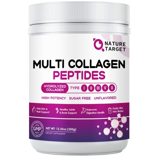 [BRSW2AITO4DQ2CDG] NATURE TARGET Multi Collagen Peptides Powder - Type I, II, III, V, X - Hydrolyzed Collagen Peptides with Vitamin C Hyaluronic Acid, Supports Skin Hair Nail & Joint, Grass-Fed, Non-GMO, 35 Servings
