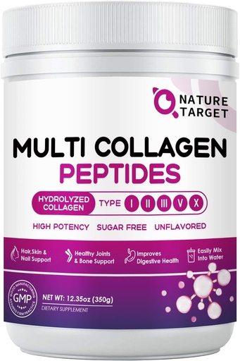 [BRSW2AITO4DQ2CDG] NATURE TARGET Multi Collagen Peptides Powder - Type I, II, III, V, X - Hydrolyzed Collagen Peptides with Vitamin C Hyaluronic Acid, Supports Skin Hair Nail & Joint, Grass-Fed, Non-GMO, 35 Servings