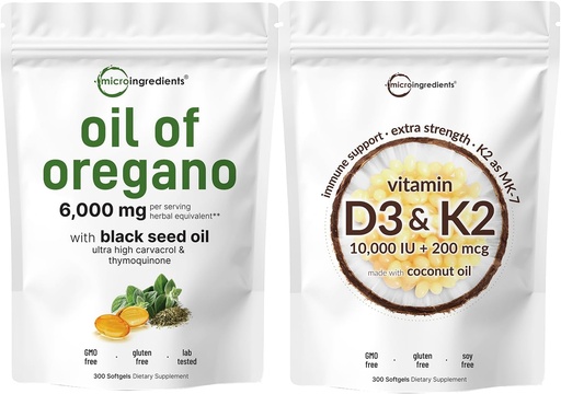 [BRSRAADQCMIWODTB] Micro Ingredients Oil of Oregano Softgels 6,000mg Per Serving & Vitamin D3 10,000iu + K2 200mcg Coconut Oil Softgels Bundle 2 Pack | 4X Strength Carvacrol & Thymoquinon | Essential Sunshine Vitamins
