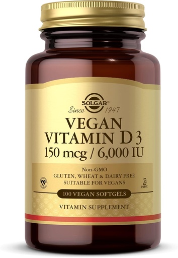 [BRSW2HT4AEPGECT3] Solgar Vegan Vitamin D3 (Cholecalciferol) 150 mcg (6,000 IU) - 100 Softgels - Immune Support, Helps Maintain Healthy Bones & Teeth - Non-GMO, Certified Vegan, Gluten & Dairy Free - 100 Servings