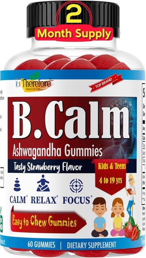 [BRSROFIDAABWKYD7] Therefore B.Calm Kids Focus & Attention Gummies - Anti-Stress, Memory, Mood & Relaxation- Natural Calm Ashwagandha for Kids & Teens – Focus Vitamins for Teens – Strawberry Flavor, 60 ct