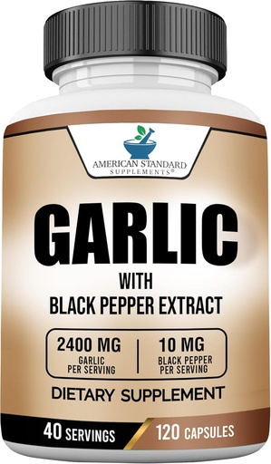 [BRSRMFL5C4JRUFLH] 美国标准增产大蒜(Garlic 2400mg) 用黑辣椒水果提取法-Vegan,Gluten Free,Non-GMO,120 Capsules,40个服务
