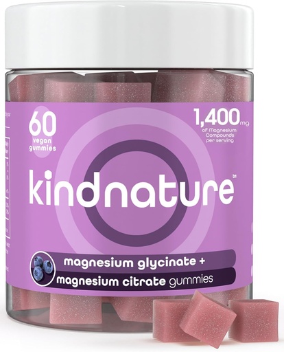 [BRSRMCYTCICAGD3A] KINDNATURE Magnesio Glycinate & Citrate Gummies – Complesso di Magnesio Calma per il sonno, lo stress, le gru e la digestione – Integratore di Magnesio Vegano Chewable per le donne, adolescenti, adulti – 60 Ct