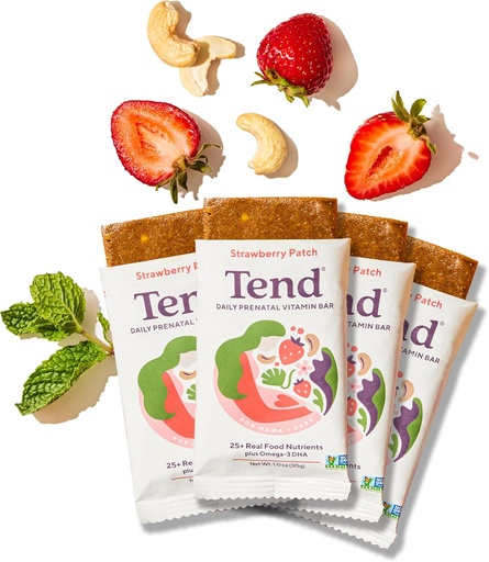 [BRSROCD6BMHWCCY2] Tend Daily Best Prenatal Vitamin Bar, Made with Organic Ingredients for Pregnant & Postpartum Mothers, Includes DHA, Vitamin D, B, Choline, Folate - Strawberry Patch (4ct)
