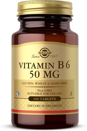 [BRSWIYQ4CB5WAFDI] Solgar Vitamin B6 50 mg - 100 Tablets - Non-GMO, Vegan, Gluten Free, Dairy Free, Kosher - 100 Servings