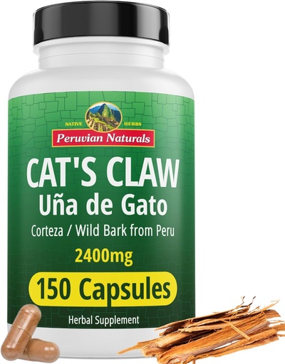 [BRSWYZQCCUPWG33X] Peruaanse Naturals Cat's Claw Herbal Supplement 150 Capsules - Uña de Gato 2400mg Vegan, 100% Natural Cats Claw Bark Gegroeid in Peru, Non-GMO, Uncaria Tomentosa UNA de Gato
