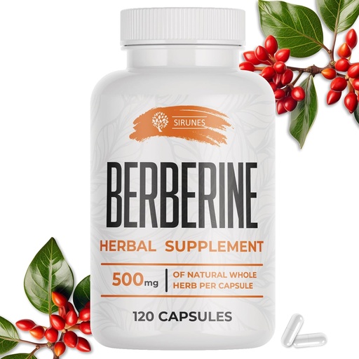 [BRSRAZL2CINBE3TD] SIRUNES Supplément Berberine – Supplément diététique Berberine HCL pour les hommes et les femmes – Non OGM Berberine 500mg – Idéal pour le soutien immunitaire, le coeur, les niveaux de cholestérol 120 Capsules