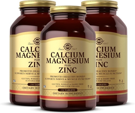 [BRSWIC36AUHG2F3K] Solgar Calcium Magnesium Plus Zink - 250 tabletter, Pack of 3 - Främjar hälsosamma ben, stöder nerv- och muskelfunktion - Icke-GMO, Vegan, Glutenfri - 250 totala portioner
