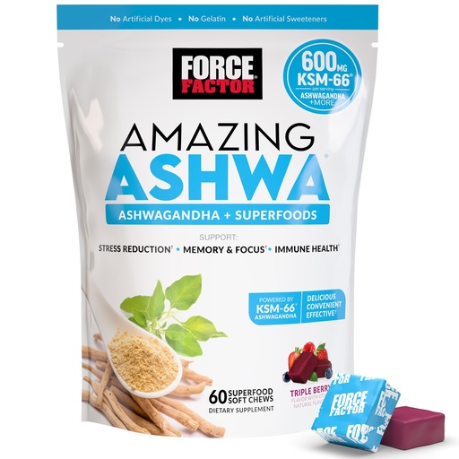 [BRSW2CQLC4BB6AAZ] Force Factor Amazing Ashwa for Stress Relief, Memory, Focus, and Immune Support Health, Ashwaganda Supplement with KSM-66 Ashwagandha for Stress, 60 Soft Chews