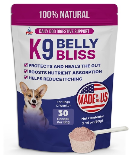 [BRSRO23YCEFWKH37] Pup Labs K9 Belly Bliss, All-Natural Gut Health for Dogs, Vet Approved Prebiotic for Dogs for Daily Digestive Support and Dog Constipation Relief, Easy to Use Topper for Dry and Wet Food, 30 Scoops.